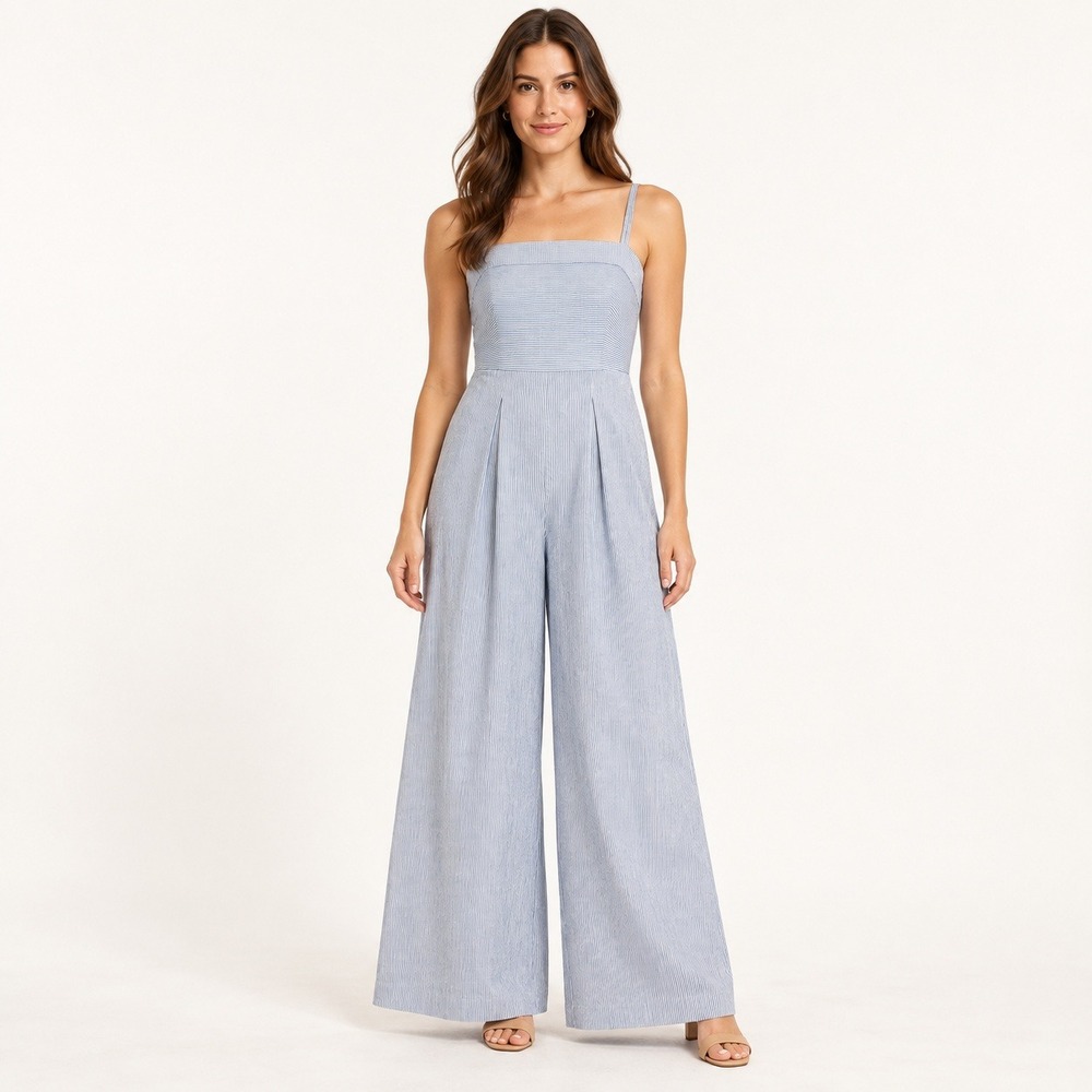 Banana Republic Blue White Pinstripe Linen Blend Wide Leg Jumpsuit Size 6